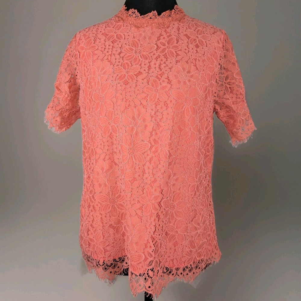 ALICE BLUE SZ S Peach Lace Short Sleeve Lined Shirt High Neck W/Buttons